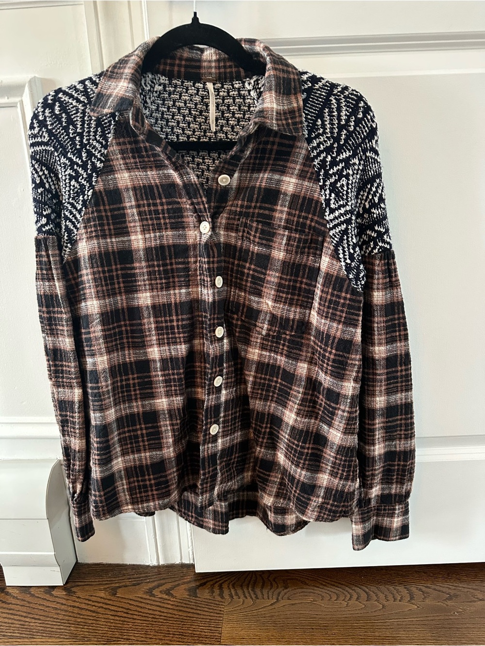 Free People Black and Brown Plaid Button-Down with Knit Shoulder Panels